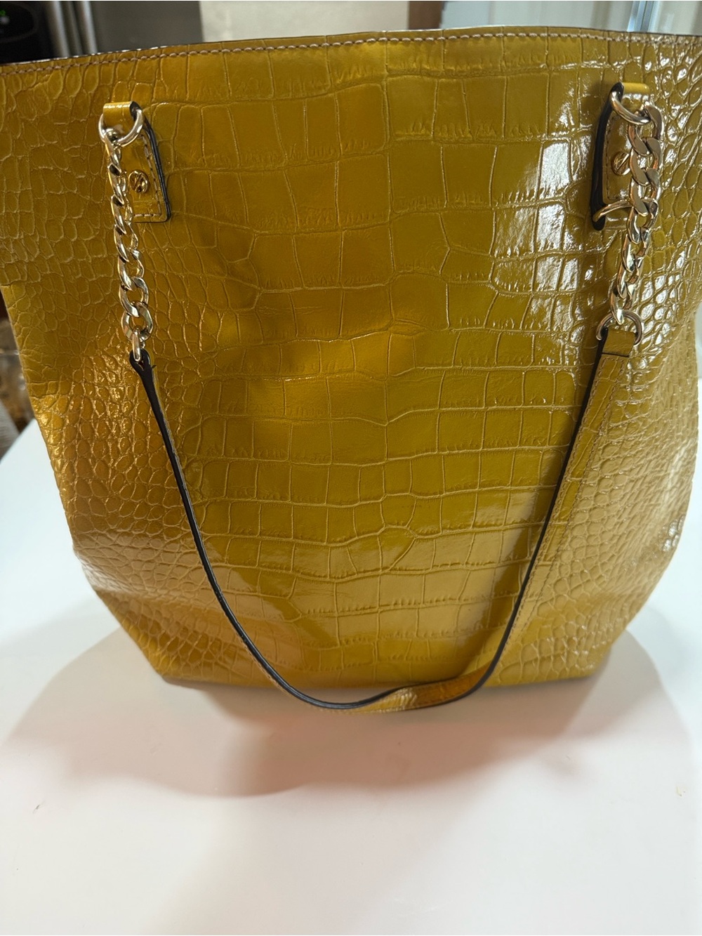 Michael Kors Croc-Embossed Patent Tote Bag in Mustard Yellow - Picture 6 of 7